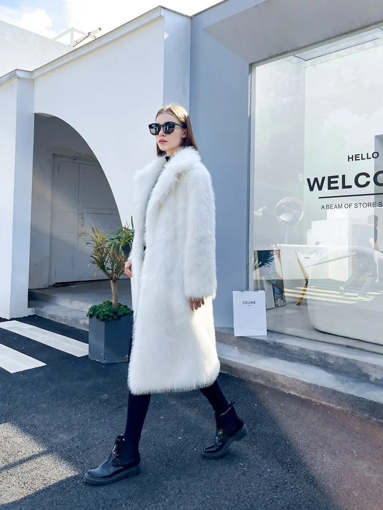ZADORIN Winter Fluffy Jacket Women Solid Lapel Long Faux Fox Fur Coat Ladies Furry Warm Pink White Jacket Trench Coats Tops