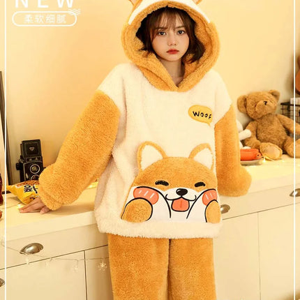 2024 New Plush Pajamas Set for Women Thick Hooded Women 2 Piece Clothes Set Cute Rabbit Women Pyjamas Coral Fleece Warm Homewear