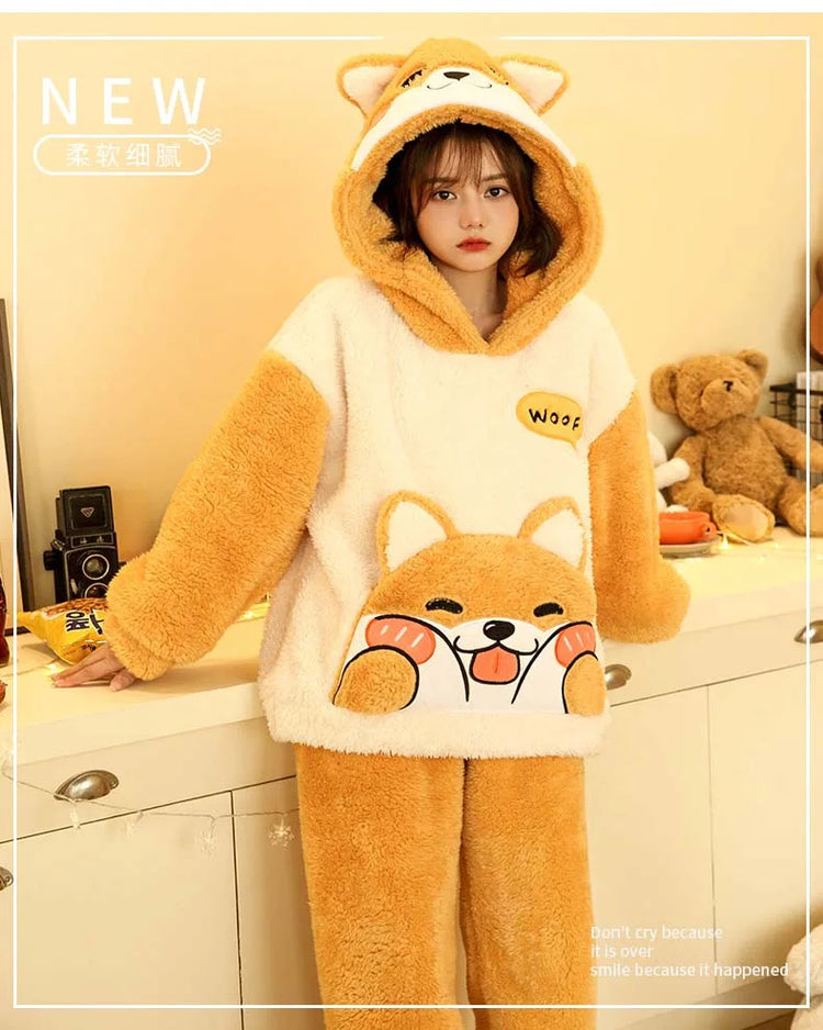 2024 New Plush Pajamas Set for Women Thick Hooded Women 2 Piece Clothes Set Cute Rabbit Women Pyjamas Coral Fleece Warm Homewear