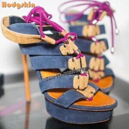 Retro Patchwork Roman Sandals Round Toe Frosted Cross-tied Hollow High Heels 2026 Summer Women Fashion Lace-up Stiletto Shoes