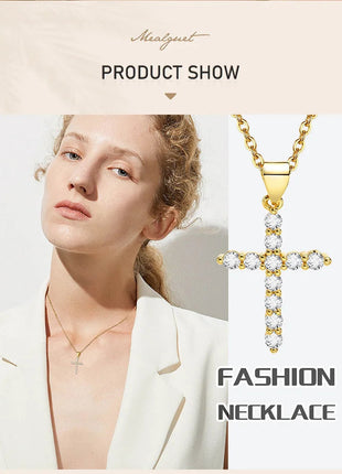 Danity Cubic Zirconia Cross Pendant Necklace for Women, Stainles Steel Chain Adjustable PlatiNum