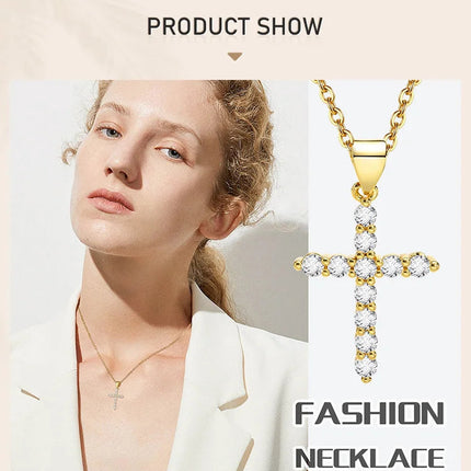Danity Cubic Zirconia Cross Pendant Necklace for Women, Stainles Steel Chain Adjustable PlatiNum