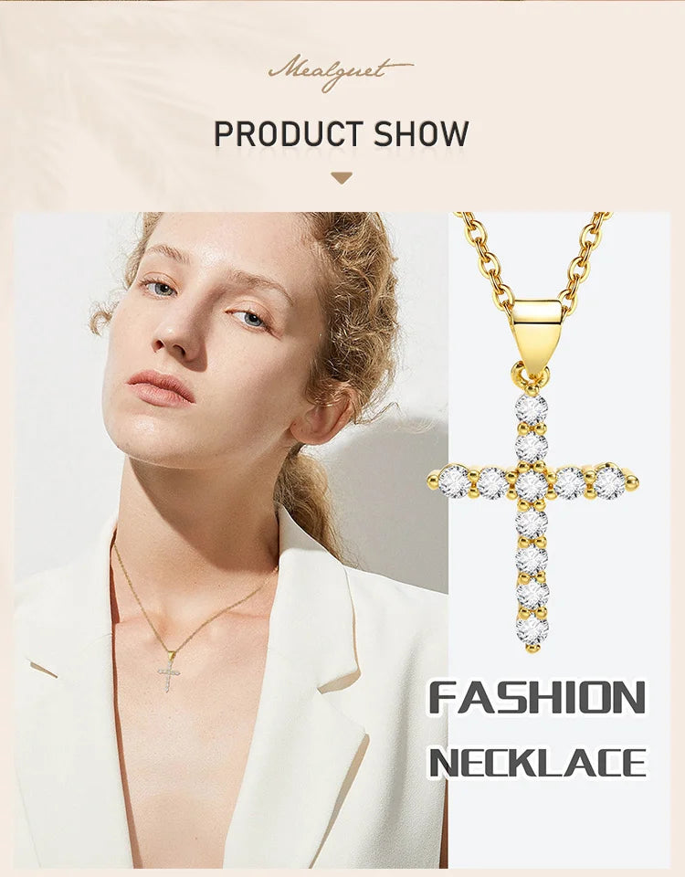 Danity Cubic Zirconia Cross Pendant Necklace for Women, Stainles Steel Chain Adjustable PlatiNum