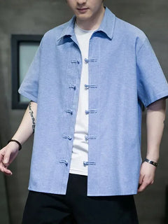 Camicie Estive da Uomo in Stile Cinese Retrò Tradizionale in Cotone e Lino Traspirante, Camicie Tang Suit, Bluse Casual da Uomo per Kung Fu e Tai Chi