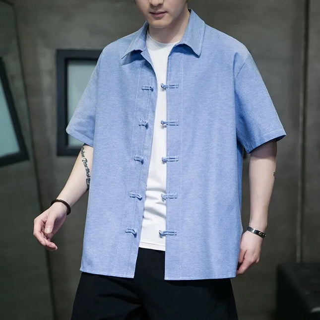 Camicie Estive da Uomo in Stile Cinese Retrò Tradizionale in Cotone e Lino Traspirante, Camicie Tang Suit, Bluse Casual da Uomo per Kung Fu e Tai Chi