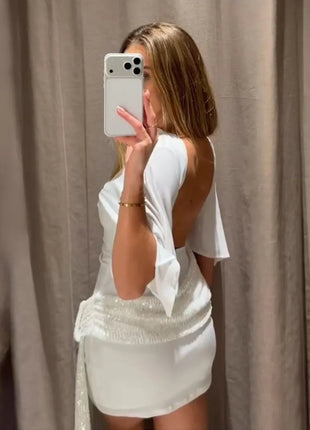 HH 2026 Abito Corto Elegante da Donna Bianco con Maniche Corte, Schiena Scoperta e Decorazioni in Paillettes, Mini Abito Sexy alla Moda per Feste platinumshop