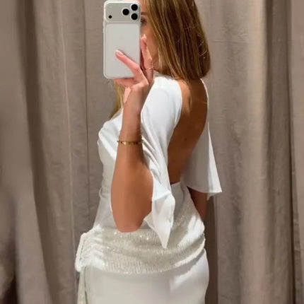 HH 2026 Abito Corto Elegante da Donna Bianco con Maniche Corte, Schiena Scoperta e Decorazioni in Paillettes, Mini Abito Sexy alla Moda per Feste platinumshop