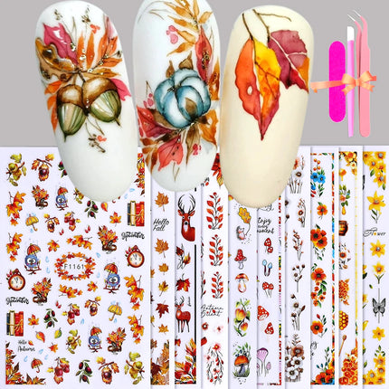 10pcs/set 3D Autumn Pumpkin Nail Stickers Maple Leaf Flower Self-Adhesive Nail Decal Slider Thanksgiving DIY Manicure Decoration