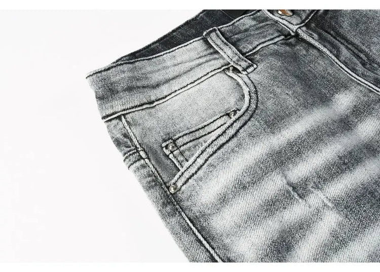 Street Designer Fashion Men Jeans Retro Gray Stretch Skinny Fit Patched Ripped Jeans Men Brand Hip Hop Y2K Denim Pants Hombre PlatiNum
