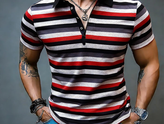 Men's Summer Short Sleeve Polo Shirts, Striped Lapel Collar T-shirts, T19