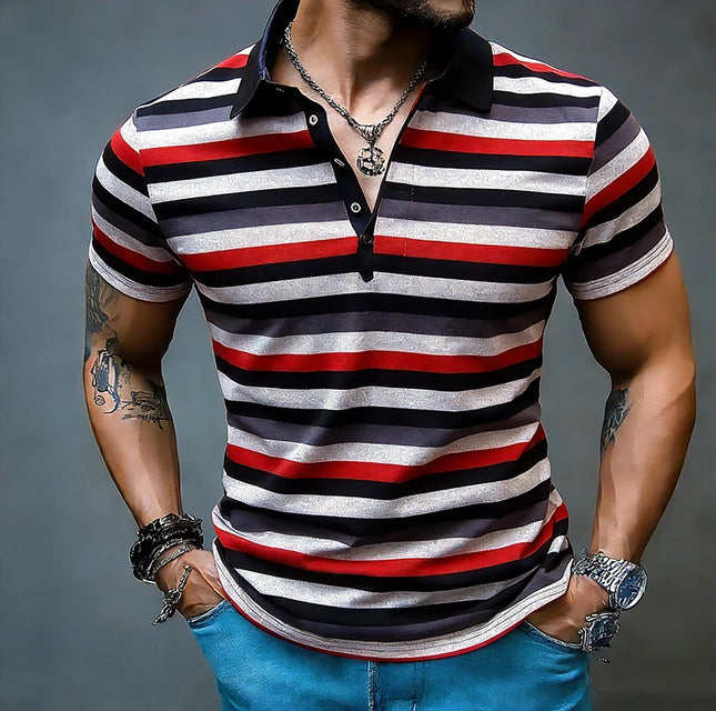 Men's Summer Short Sleeve Polo Shirts, Striped Lapel Collar T-shirts, T19