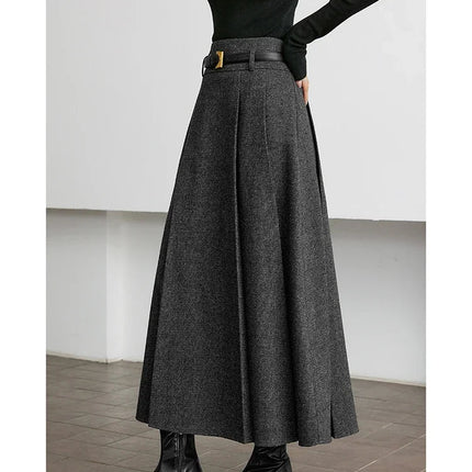 VIMLY Elegant Wool Blend Pleated Maxi Skirt for Women 2025 Winter High Waist Stereo Heavy Duty Skirt Office Lady Clothes M9173 PlatiNum