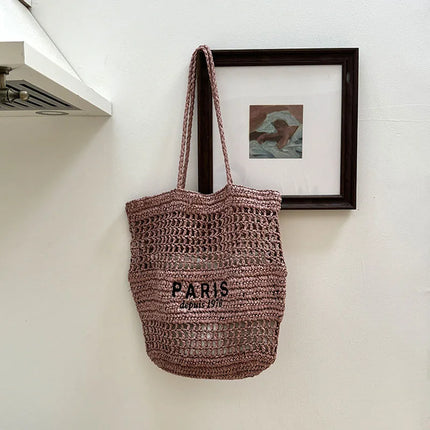 Hylhexyr Women's Letter Embroidered Shoulder Bag Woven Straw Bag Large Capacity Empty Holiday Beach Bags