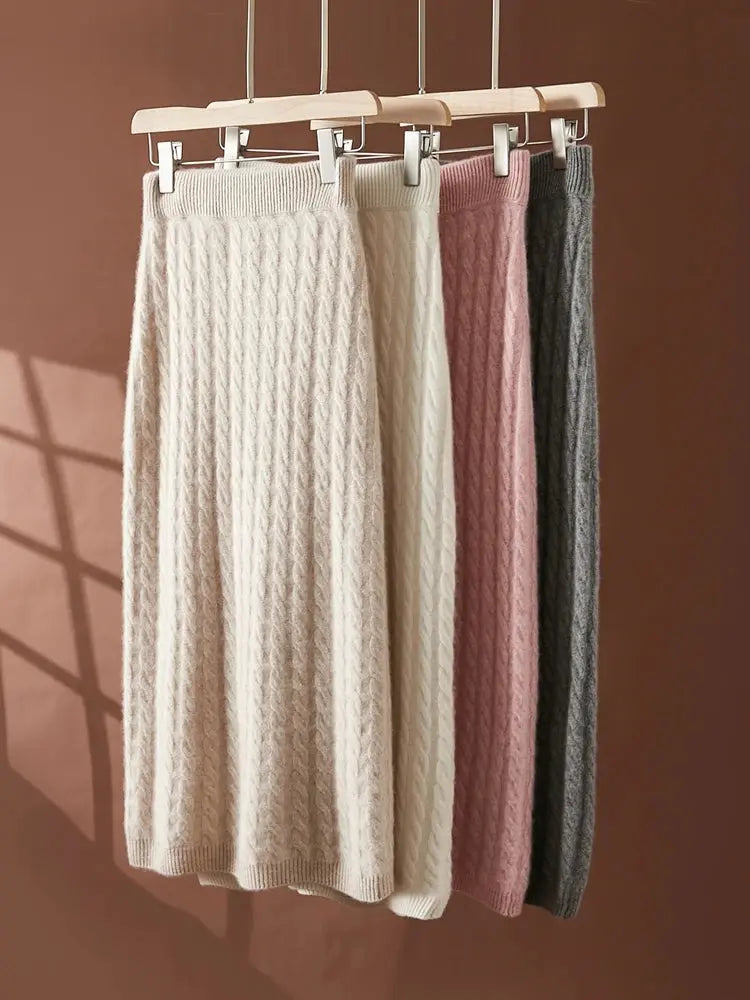 Autumn Winter 100% Cashmere Skirt Women Soild Mid-calf  High Waist Twist Flower Fit Slimming Knitted Dress  Light Luxury Elegant PlatiNum