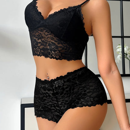 Winter Unlined Lace Women's Underwear Set Hollow-Out Wireless Sexy Bras Breathable Panties Lingerie