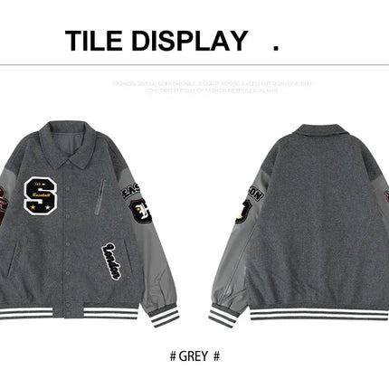 Men's Letterman Jacket Vintage Varsity Coat Patchwork Baseball Streetwear Outerwear with Faux Leather Sleeves & Fine Embroidery