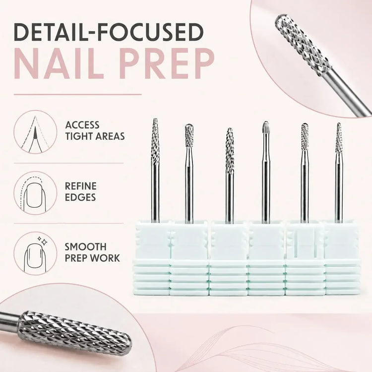 6PCS Tungsten Carbide Nail Drill Bit Set for Cuticle Prep, Professional Manicure Bits for Sidewalls, Dead Skin and Nail Surface Cleaning, with Individual Storage Bases, Salon Nail Art Tools