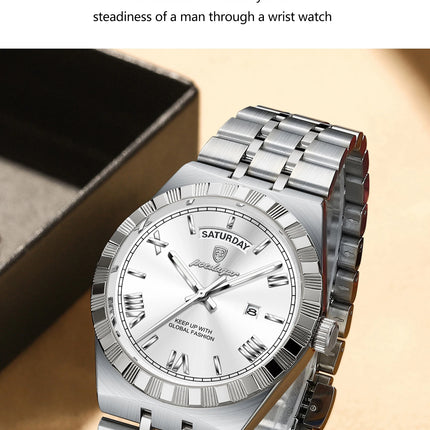 POEDAGAR Fashion Male Clock Luminous Waterproof Week Date Creative Men Watch Stainless Steel Quartz Business Men's Watches Reloj