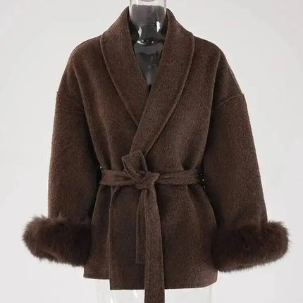 UCXQ Elegant Woolen Coat Temperament Office Lady Overcoats Fur Patchwork Long Sleeve Beautiful Women's Coats 2025 Winter New
