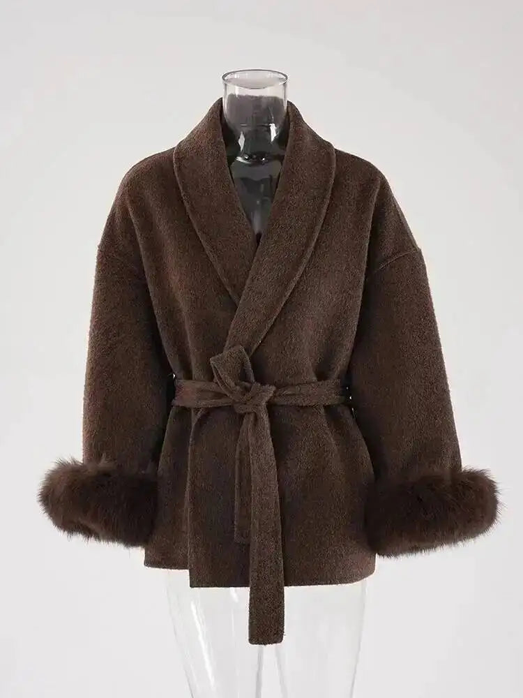 UCXQ Elegant Woolen Coat Temperament Office Lady Overcoats Fur Patchwork Long Sleeve Beautiful Women's Coats 2025 Winter New