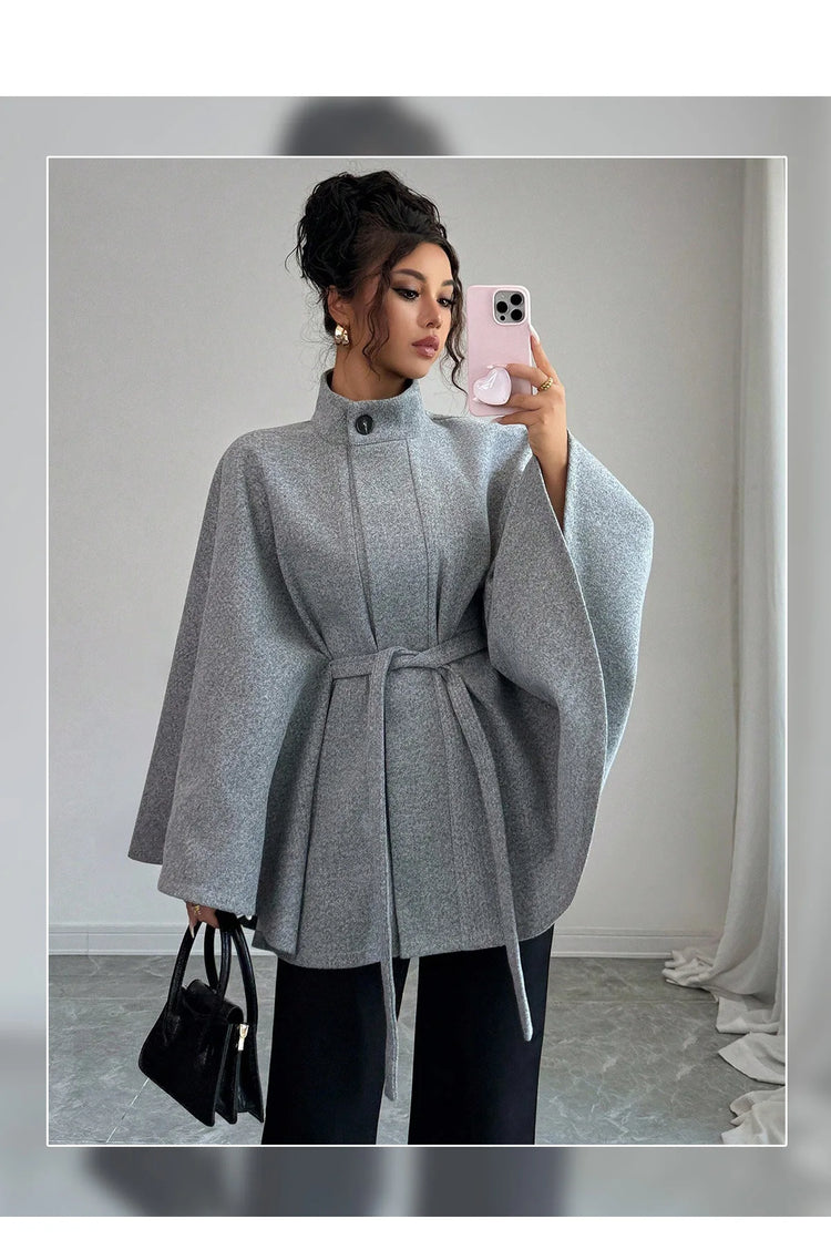 Elegant Women's Woolen Coat Autumn Winter Stand up Collar Cape Style Design Tie Waist Atmospheric Fashionable Ladies Outerwear
