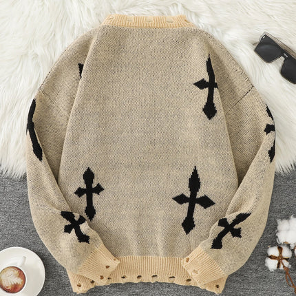 Trendy Street Style Ripped Cross Pattern Pullover Ripped Sweater Casual Crew Neck Knit Men's Pullover