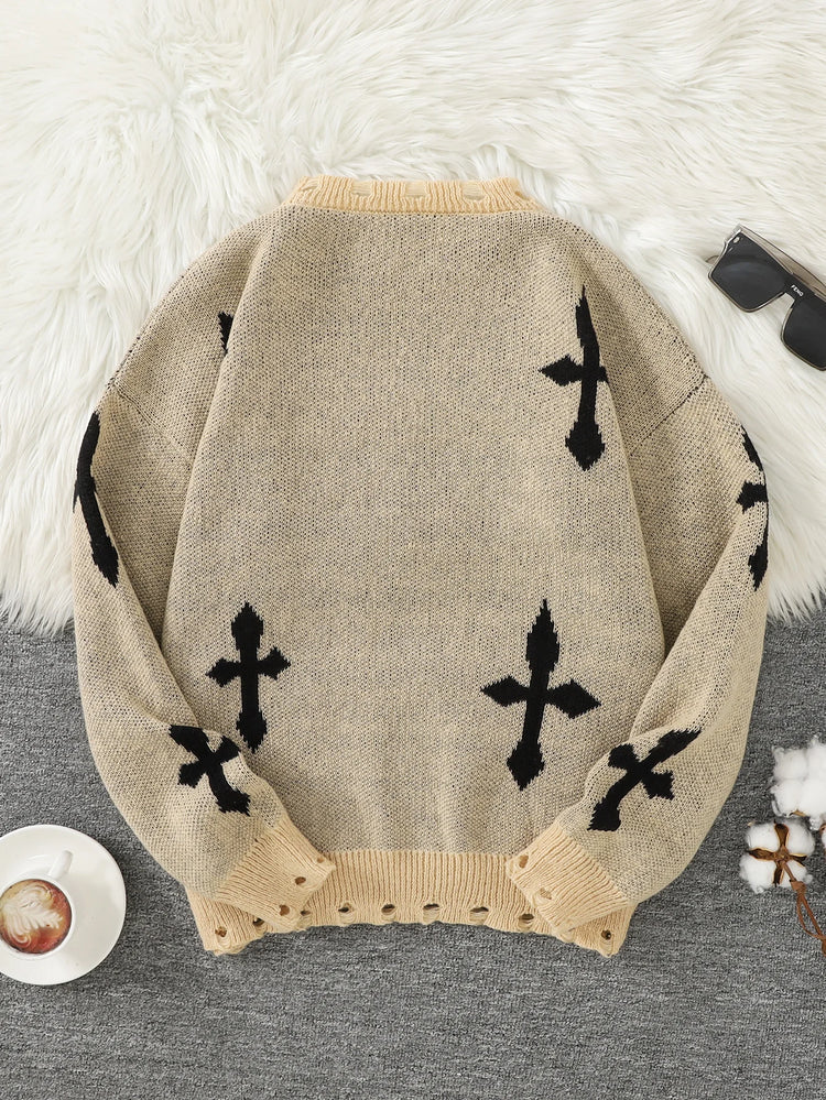 Trendy Street Style Ripped Cross Pattern Pullover Ripped Sweater Casual Crew Neck Knit Men's Pullover