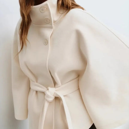 Autumn And Winter New Fashion Solid Color Cloak Stand-up Collar Button Belt Windbreaker Jacket Women's Temperament Commuting Top