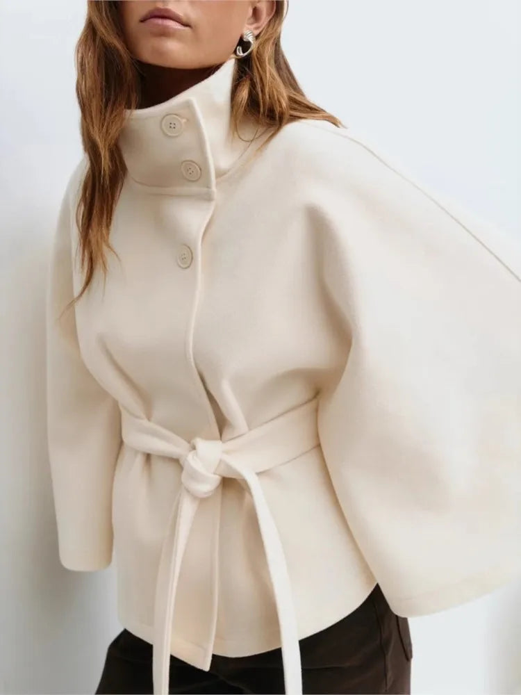 Autumn And Winter New Fashion Solid Color Cloak Stand-up Collar Button Belt Windbreaker Jacket Women's Temperament Commuting Top