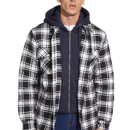 TACVASEN Men's Flannel Shirt Jacket with Removable Hood Plaid Quilted Lined Winter Coats Thick Hoodie Outwear Man Fleece Shirts