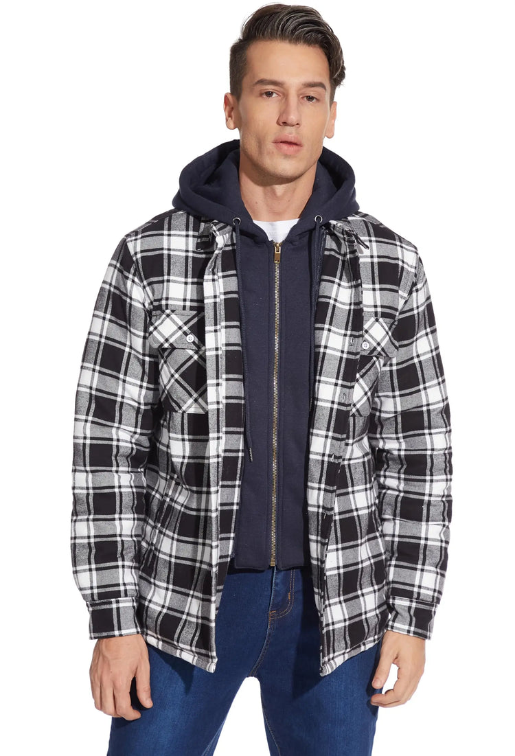 TACVASEN Men's Flannel Shirt Jacket with Removable Hood Plaid Quilted Lined Winter Coats Thick Hoodie Outwear Man Fleece Shirts