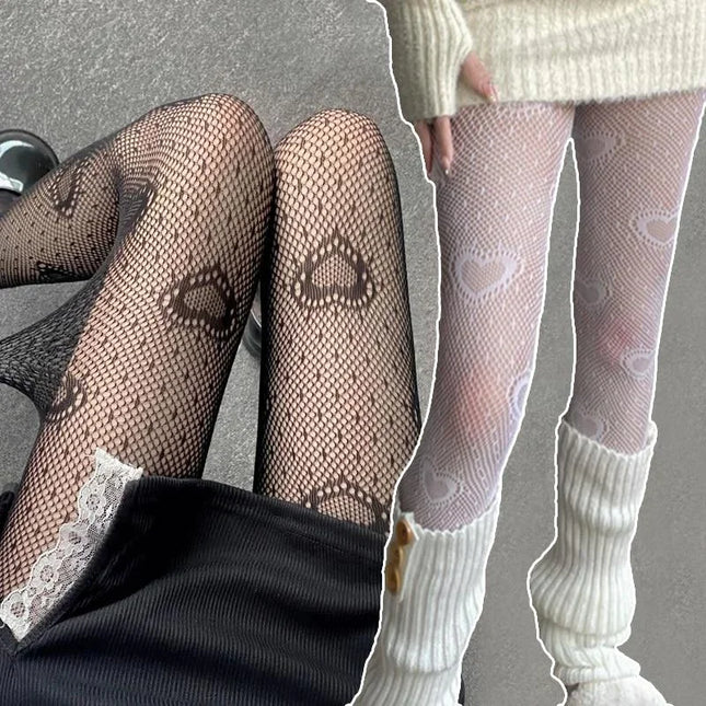 Heart Flower Mesh Japanese Girl Lolita Ins Tights White Stockings Fishnet Pantyhose Women for Women Summer Legging Stocking