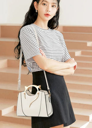 Cat Shaped Handle Women Handbag Trendy And Fashionable, Solid Color, Simple And Casual Crossbody Shoulder Shell Bag PlatiNum
