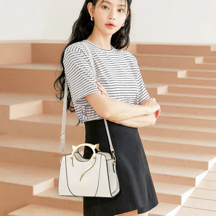 Cat Shaped Handle Women Handbag Trendy And Fashionable, Solid Color, Simple And Casual Crossbody Shoulder Shell Bag PlatiNum