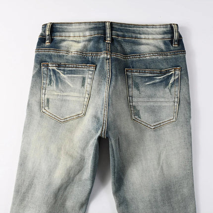 Men Pale Light Blue Biker Jeans Cracked Pleated Patch Patchwork Stretch Denim Pants Streetwear Holes Ripped Skinny Trousers PlatiNum