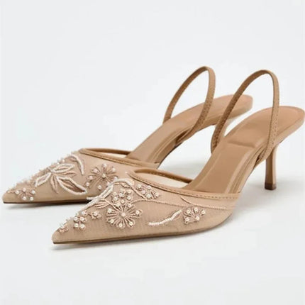 Sexy Pointed Toe Mesh Embroider High Heels for ladies Elegant String Bead pumps Summer Luxury Designer Shoe Brown Heeled Sandals PlatiNum
