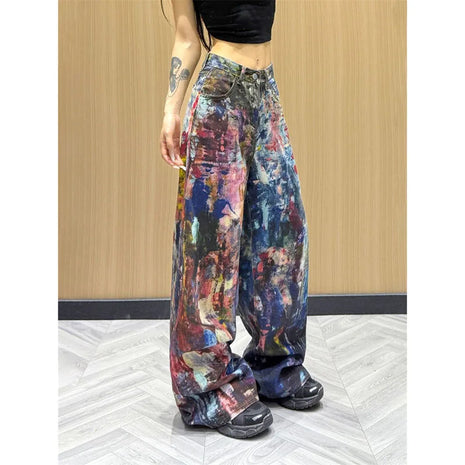 Women's High-Waisted Straight Leg American Jeans, Colored Denim Ink Splash Effect Trousers, Cowboy Style Loose Pants for Autumn