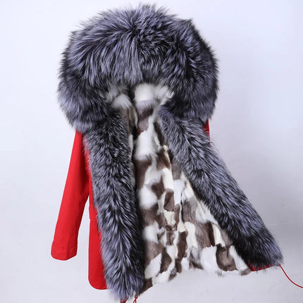 Winter Long Jacket Real Fur Coat Women Clothes Large Silver Fox Fur Collar Detachable Natural Fox Lining Parkas Leather Fur