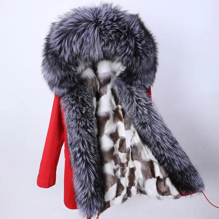 Winter Long Jacket Real Fur Coat Women Clothes Large Silver Fox Fur Collar Detachable Natural Fox Lining Parkas Leather Fur