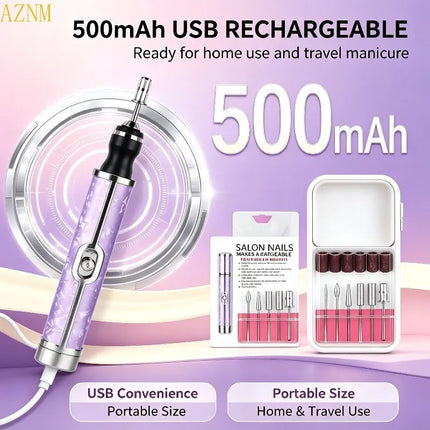 Electric Nail Drill Machine Rechargeable 500mAh Portable Nail File Kit 4 Speed Adjustable Manicure Tool for Nail Polishing Gel Removal Salon Beauty Care