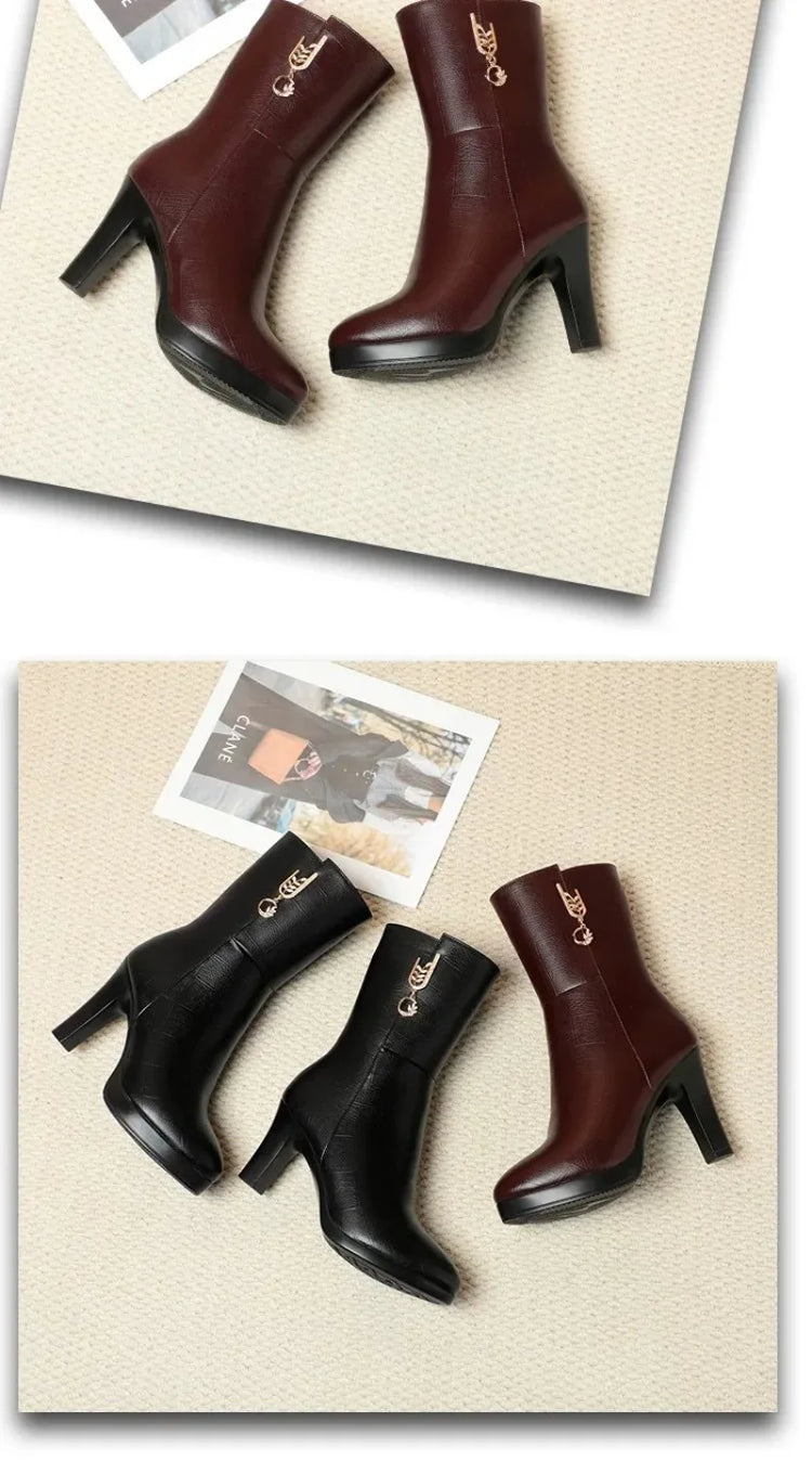 Women's Mid-calf Boots Temperament Pointed High Heeled Boots High Quality Casual Leather Boots for Women Plush Warm Winter Boot