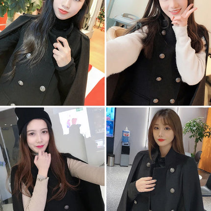 French Elegant Retro Hepburn Style Stand Collar Double-breasted Loose Temperament Commuter Woolen Jacket Cape Cloak Women Autumn