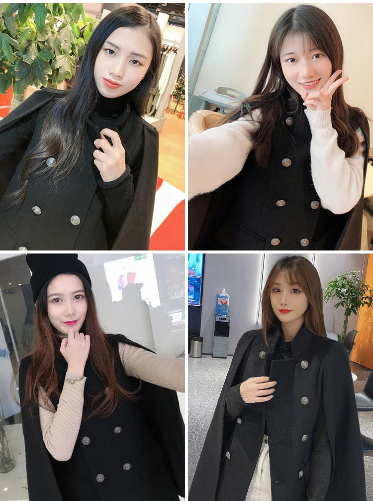 French Elegant Retro Hepburn Style Stand Collar Double-breasted Loose Temperament Commuter Woolen Jacket Cape Cloak Women Autumn