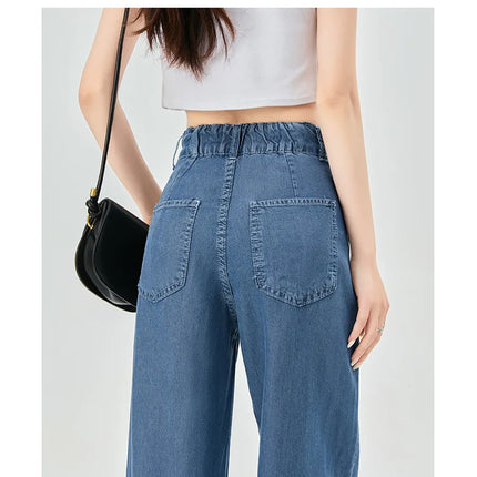 Jeans estivi donna seta ghiaccio vita alta blu sciolto moda coreana semplice tempo libero tutto-fiammifero quotidiano gamba larga elegante Trendy Chic