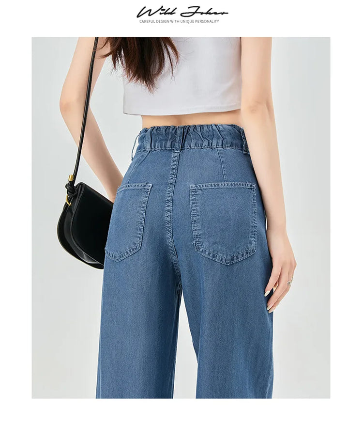 Jeans estivi donna seta ghiaccio vita alta blu sciolto moda coreana semplice tempo libero tutto-fiammifero quotidiano gamba larga elegante Trendy Chic