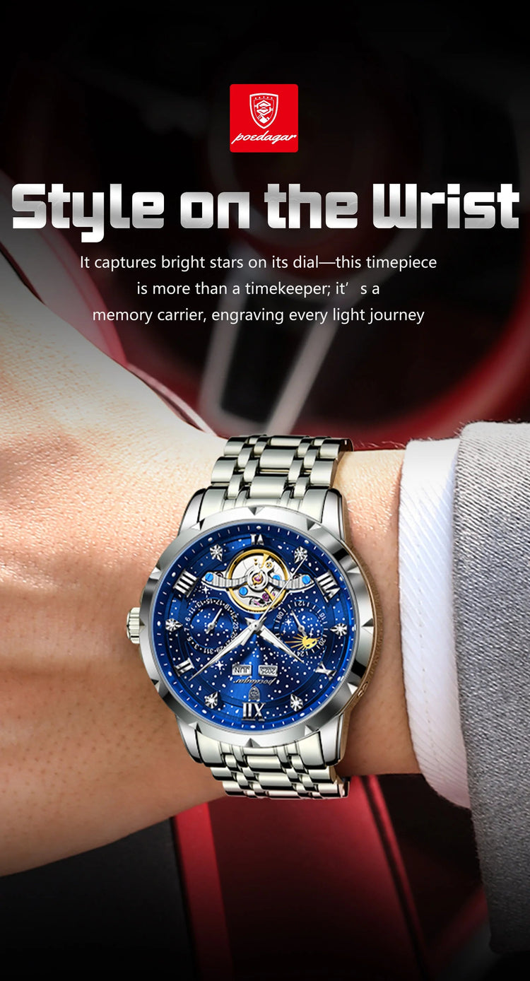 POEDAGAR Top Orologio da uomo originale Orologio meccanico automatico da uomo in acciaio inossidabile Calendario Hollow Tourbillon Orologio da uomo Maschio + scatola platinumshop