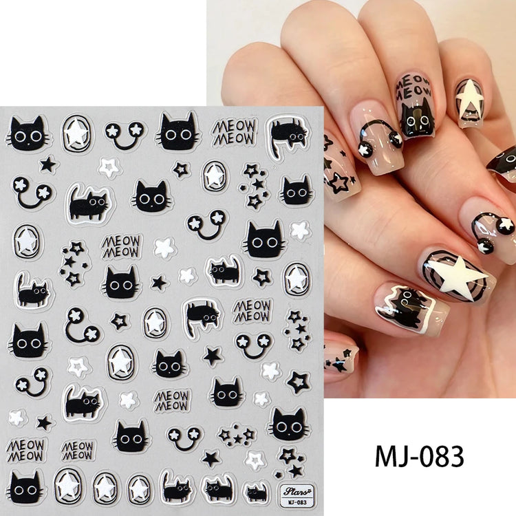 Cute Black Cat Nail Stickers Decals 5D Embossed Kawaii Cat Flowers Star Nail Art Decoration Cute Cartoon Sliders Summer Manicure