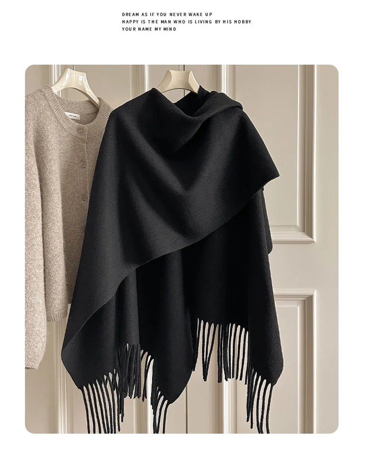 Women Split‑Open Woolen Tassel Poncho Shawl Thick Warm Cape Coat Autumn Winter Travel Photography Outer Wrap
