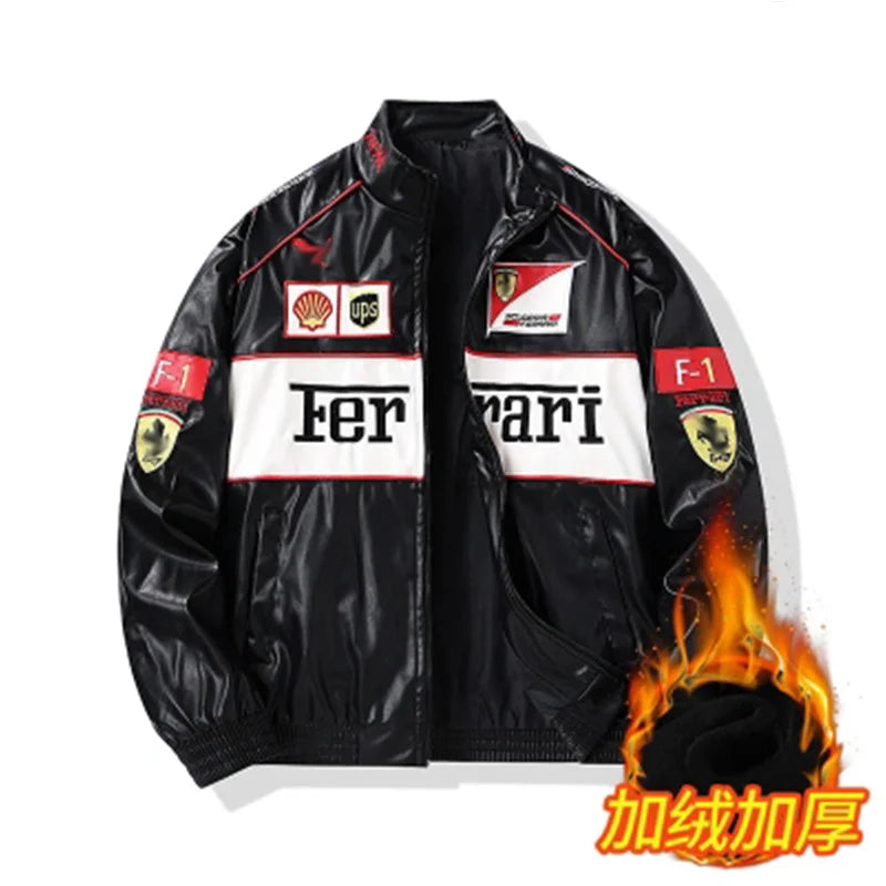 Giacca calda Ferrari F1 da uomo, look retrò motociclistico.