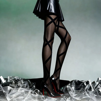 Collant Sexy da Donna Sottili in Jacquard a Rombi, Collant Gotici JK con Finte Cinghie Incrociate, Leggings